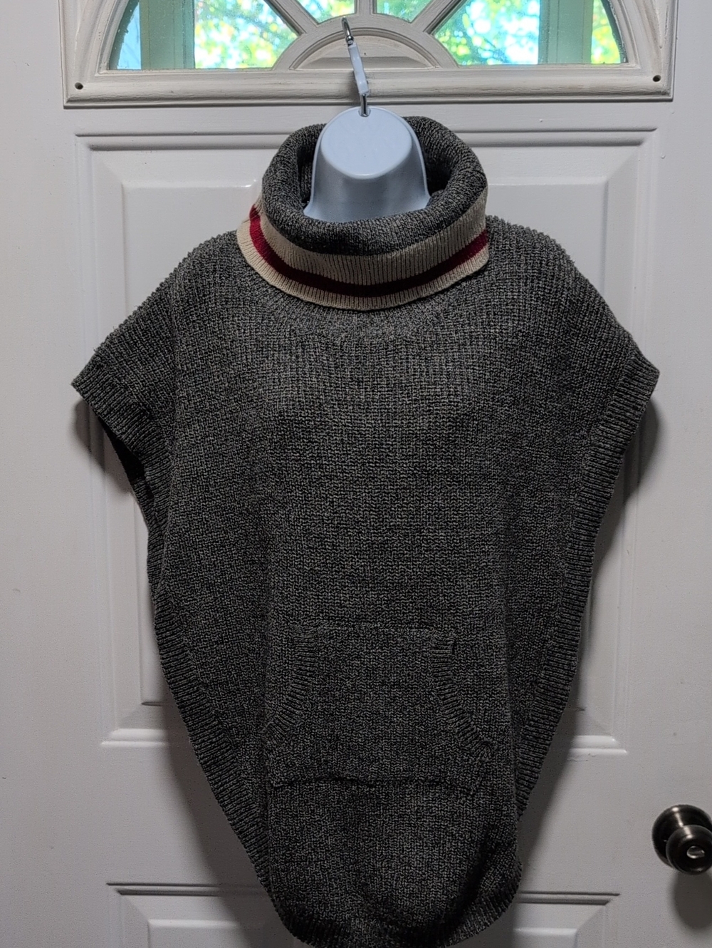 Roots Gray Sleeveless Turtleneck Poncho with Cream and Red Stripe